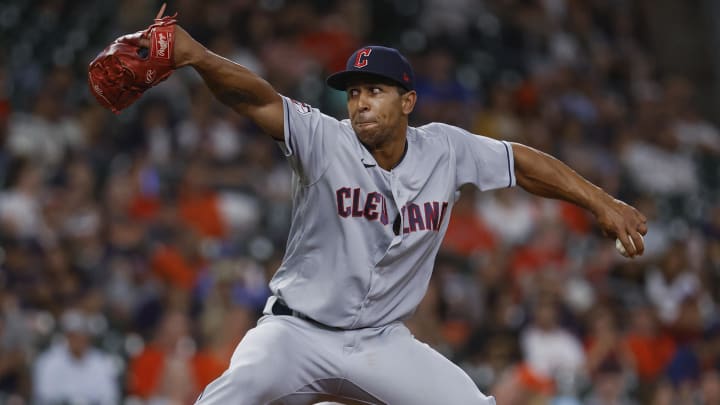 May 24, 2022; Houston, Texas, USA; Cleveland Guardians relief pitcher Anthony Gose (26) pitches during the game against the Houston Astros at Minute Maid Park.