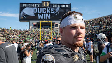Oregon Ducks inside linebacker Bryce Boettcher walks off the field as the Oregon Ducks host the Oregon State Beavers Sept. 20, 2025, at Autzen Stadium in Eugene, Oregon.
