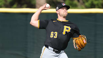 Feb 14, 2025; Bradenton, FL, USA;  Pittsburgh Pirates pitcher Hunter Stratton (63) during spring training workouts at Pirate City. Mandatory Credit: Kim Klement Neitzel-Imagn Images