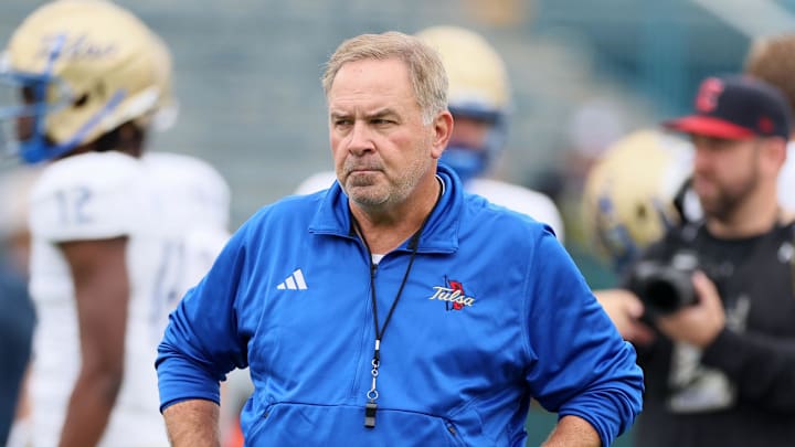 Nov 11, 2023; New Orleans, Louisiana, USA; Tulsa Golden Hurricane head coach Kevin Wilson before their game against the Tulane Green Wave at Yulman Stadium. Mandatory Credit: Matthew Dobbins-Imagn Images