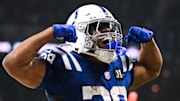 Indianapolis Colts running back Jonathan Taylor (28) celebrates after scoring a touchdown against the Tennessee Titans.