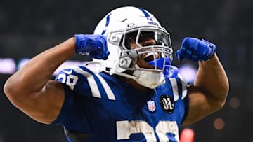 Indianapolis Colts running back Jonathan Taylor (28) celebrates after scoring a touchdown against the Tennessee Titans.