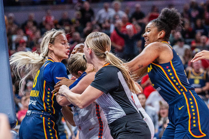 Indiana Fever guard Sophie Cunningham and Connecticut Sun guard Jacy Sheldon get into a fight during a game at Gainbridge Fie