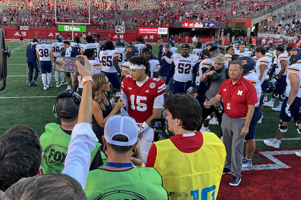 Dylan Raiola handled his first postgame TV interview after leading the Huskers to a win over UTEP.