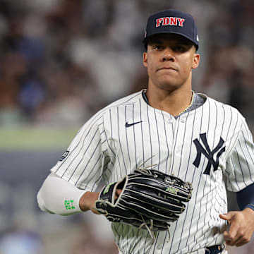 New York Yankees right fielder Juan Soto (22) runs in at the end of the top of the third inning against the Kansas City Royals at Yankee Stadium on Sept 11.