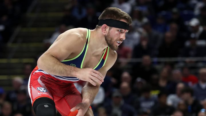 Zain Retherford prepares to wrestle Nick Lee (not pictured) at the U.S. Olympic Wrestling Trials in State College. 