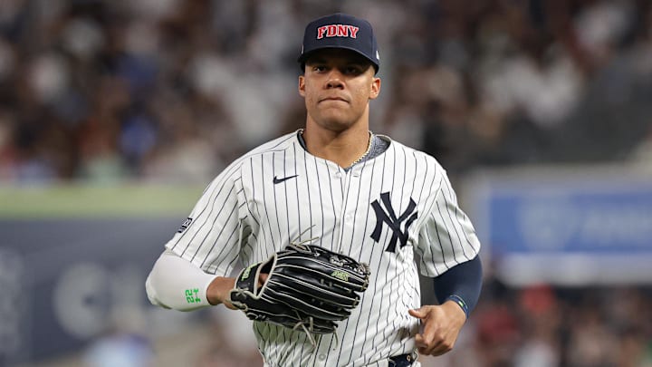 New York Yankees right fielder Juan Soto (22) runs in at the end of the top of the third inning against the Kansas City Royals at Yankee Stadium on Sept 11.