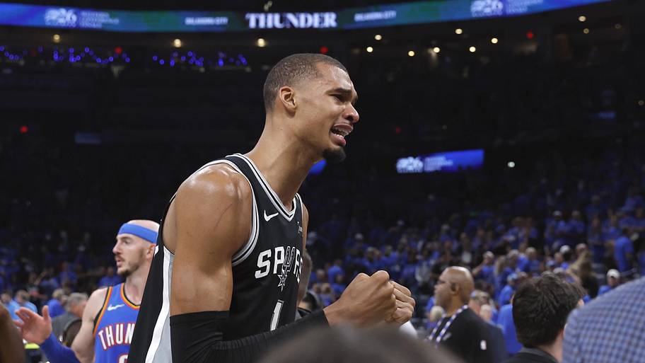 San Antonio Spurs forward Victor Wembanyama  celebrates after defeating the Oklahoma City Thunder.