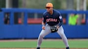 Feb 27, 2025; Port St. Lucie, Florida, USA; Houston Astros third baseman Cam Smith (90) plays his position against the New York Mets during the second inning at Clover Park.
