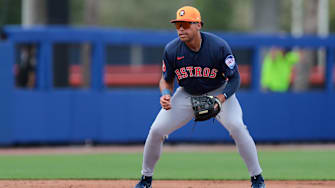 Feb 27, 2025; Port St. Lucie, Florida, USA; Houston Astros third baseman Cam Smith (90) plays his position against the New York Mets during the second inning at Clover Park. 