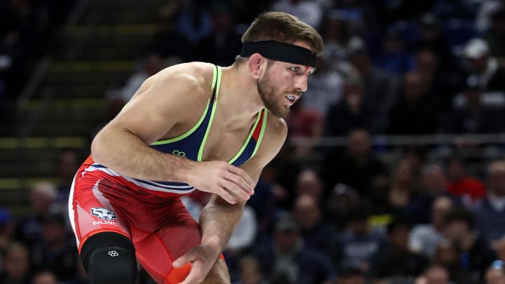 Zain Retherford prepares to wrestle in the 65 kg men's freestyle weight class at the 2024 U.S. Olympic Wrestling Team Trials.