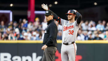 Jul 3, 2024; Seattle, Washington, USA; Baltimore Orioles first baseman Ryan O'Hearn (32) reacts towards the Baltimore dugout after hitting a two-run double against the Seattle Mariners during the third inning at T-Mobile Park. Mandatory Credit: Joe Nicholson-USA TODAY Sports