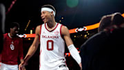 Oklahoma Sooners guard Jeremiah Fears (0) is introduced before a game between the Oklahoma Sooners and the Oklahoma State University Cowboys at Paycom Center in Oklahoma City, Saturday, Dec. 14, 2024. Oklahoma won 80-65.