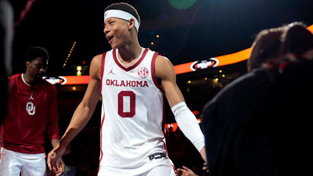 Oklahoma Sooners guard Jeremiah Fears is introduced before a men's college Bedlam basketball game against Oklahoma State.