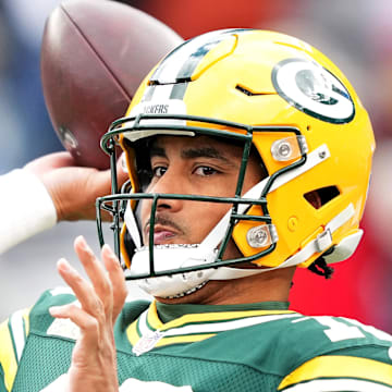 Green Bay Packers quarterback Jordan Love (10) warms up before play against the New York Giants.