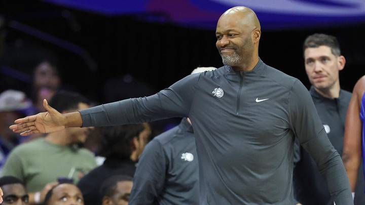 Oct 10, 2025; Philadelphia, Pennsylvania, USA; Orlando Magic Head Coach Jamahl Mosley reacts during a timeout in the third quarter against the Philadelphia 76ers at Xfinity Mobile Arena. Mandatory Credit: Bill Streicher-Imagn Images