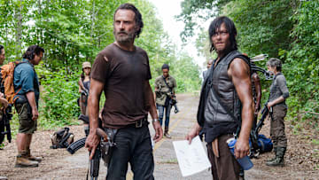 Lauren Cohan as Maggie Greene, Steven Yeun as Glenn Rhee, Josh McDermitt as Dr. Eugene Porter, Christian Serratos as Rosita Espinosa, Andrew Lincoln as Rick Grimes, Sonequa Martin-Green as Sasha, Norman Reedus as Daryl Dixon and Melissa McBride as Carol Peletier - The Walking Dead _ Season 5, Episode 10 - Photo Credit: Gene Page/AMC