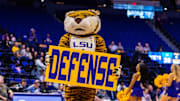 Dec 17, 2024; Baton Rouge, Louisiana, USA;  LSU Tigers mascot Mike the Tiger holds up a defense sign behind the Stetson Hatters team on a time out during the second half at Pete Maravich Assembly Center. Mandatory Credit: Stephen Lew-Imagn Images