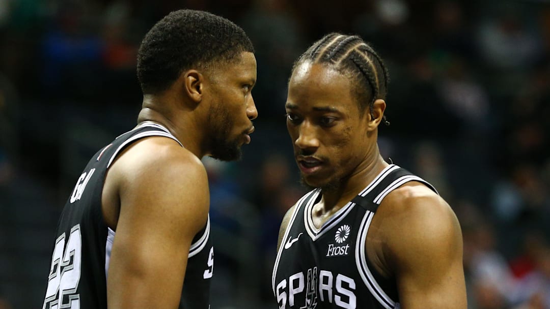 Mar 3, 2020; Charlotte, North Carolina, USA; San Antonio Spurs forward DeMar DeRozan (10) talks with forward Rudy Gay (22) during the second half against the Charlotte Hornets at Spectrum Center. Mandatory Credit: Jeremy Brevard-Imagn Images Mar 3, 2020; Charlotte, North Carolina, USA; San Antonio Spurs forward DeMar DeRozan (10) talks with forward Rudy Gay (22) during the second half against the Charlotte Hornets at Spectrum Center. Mandatory Credit: Jeremy Brevard-Imagn Images