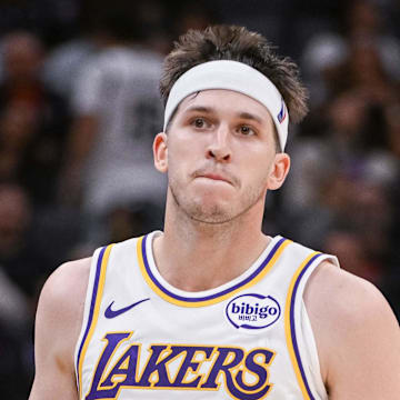 Oct 26, 2025; Sacramento, California, USA; Los Angeles Lakers guard Austin Reaves (15) reacts after making a three point shot against the Sacramento Kings during the fourth quarter at Golden 1 Center. Mandatory Credit: Ed Szczepanski-Imagn Images