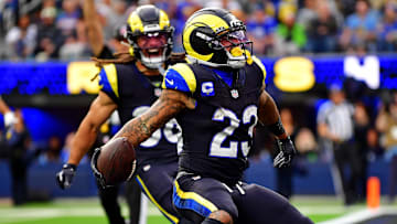 Nov 16, 2025; Inglewood, California, USA; Los Angeles Rams running back Kyren Williams (23) celebrates after a first down during the first half against the Seattle Seahawks at SoFi Stadium. Mandatory Credit: Gary A. Vasquez-Imagn Images