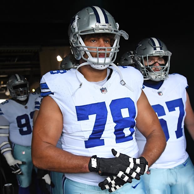 Dallas Cowboys offensive tackle Terence Steele and center Brock Hoffman against the Philadelphia Eagles.