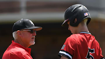 Boiling Springs played Woodmont in class AAAAA Upper District 3 baseball at Boiling Springs High on May 6, 2023. Boiling Springs Head Coach Jeff Lipscomb on the field with Boiling Springs' Chansen Cole (5).