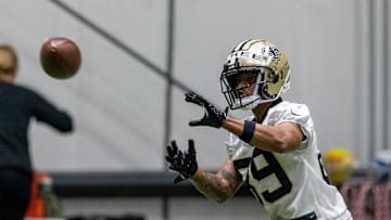 May 10, 2025; New Orleans, LA, USA;  New Orleans Saints wide receiver Chris Tyree (89) during rookie minicamp at Ochsner Sports Performance Center. Mandatory Credit: Stephen Lew-Imagn Images