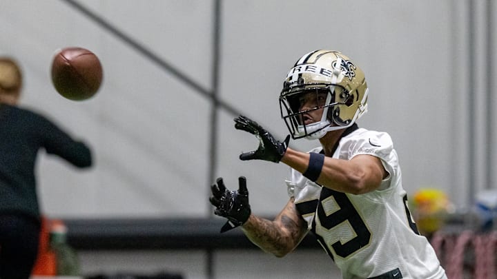 May 10, 2025; New Orleans, LA, USA;  New Orleans Saints wide receiver Chris Tyree (89) during rookie minicamp at Ochsner Sports Performance Center. Mandatory Credit: Stephen Lew-Imagn Images