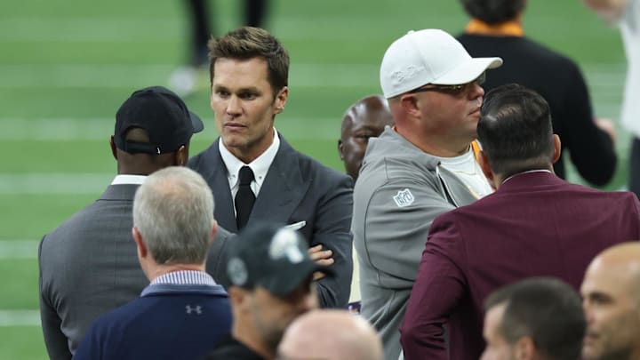 Tom Brady on the field before Super Bowl LIX between the Philadelphia Eagles and the Kansas City Chiefs