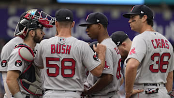 Oct 1, 2022; Toronto, Ontario, CAN; Boston Red Sox catcher Connor Wong (74) and pitching coach Dave