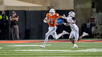 Oklahoma State quarterback Zane Flores (6) runs the ball in the fourth quarter during an NCAA football game between Oklahoma State (OSU) and UT Martin in Stillwater, Okla., on Thursday, Aug. 28, 2025.