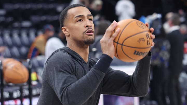 Feb 21, 2025; Salt Lake City, Utah, USA; Utah Jazz forward John Collins warms up before the game against the Oklahoma City Thunder at Delta Center. Mandatory Credit: Rob Gray-Imagn Images