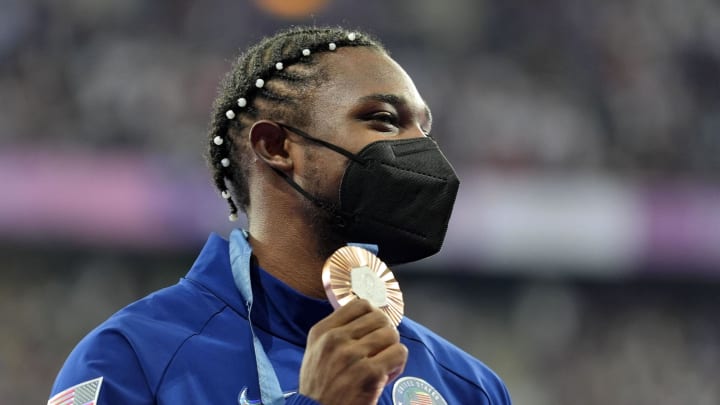 Aug 9, 2024; Paris Saint-Denis, France; Noah Lyles (USA) celebrates his bronze medal in the menís 200m during the Paris 2024 Olympic Summer Games at Stade de France. Mandatory Credit: Andrew Nelles-USA TODAY Sports