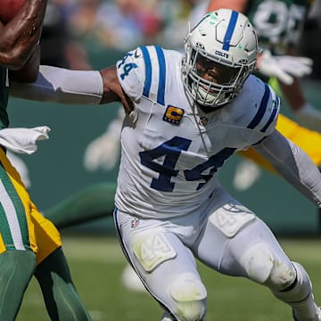 Indianapolis Colts linebacker Zaire Franklin (44) misses a sack against Green Bay Packers quarterback Malik Willis (2) on Sunday, September 15, 2024, at Lambeau Field in Green Bay, Wis. The Packers won the game, 16-10.
Tork Mason/USA TODAY NETWORK-Wisconsin