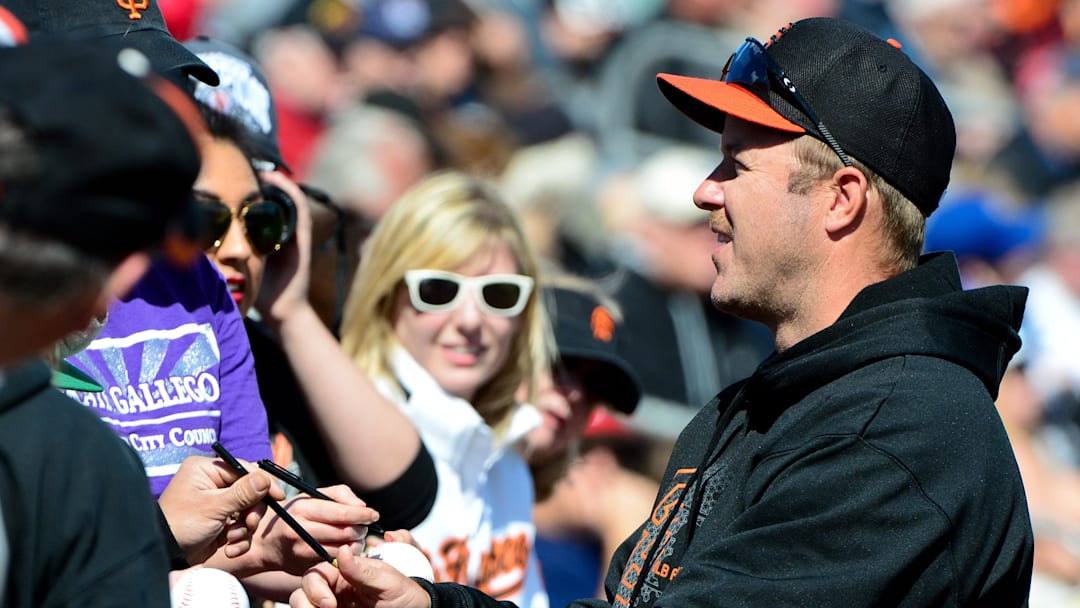 San Francisco Giants former player Jeff Kent signs autographs for fans prior to the game against the Chicago Cubs at Hohokam Park. The Cubs won 4-3.