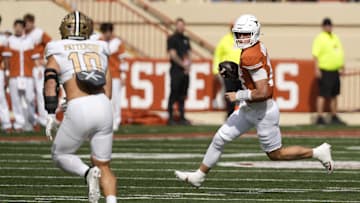 Nov 1, 2025; Austin, Texas, USA; Texas Longhorns quarterback Arch Manning (16) runs the ball during the first half against the Vanderbilt Commodores at Darrell K Royal-Texas Memorial Stadium. Mandatory Credit: Scott Wachter-Imagn Images