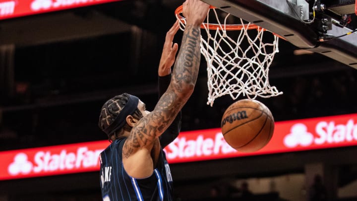 Jan 17, 2024; Atlanta, Georgia, USA; Orlando Magic forward Chuma Okeke (3) dunks ball against Atlanta Hawks during the first quarter at State Farm Arena. Mandatory Credit: Jordan Godfree-USA TODAY Sports