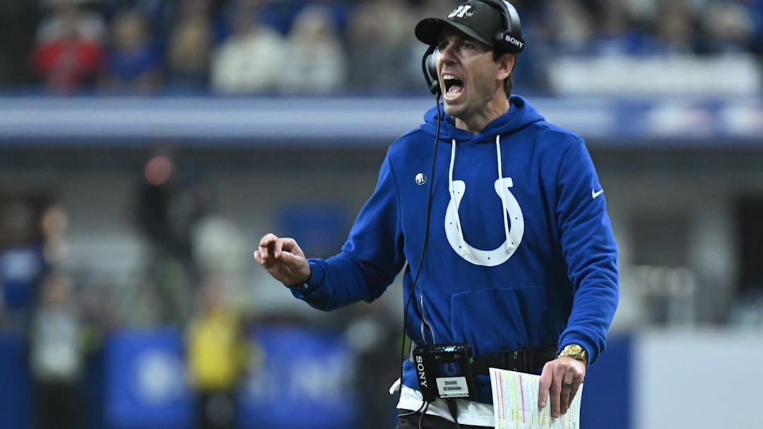 Nov 30, 2025; Indianapolis, Indiana, USA; Indianapolis Colts head coach Shane Steichen during the first half against the Houston Texans at Lucas Oil Stadium. Mandatory Credit: Robert Goddin-Imagn Images