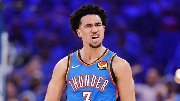 May 18, 2026; Oklahoma City, Oklahoma, USA; Oklahoma City Thunder guard Jared McCain (3) reacts in the second quarter against the San Antonio Spurs during game one of the western conference finals for the 2026 NBA playoffs at Paycom Center. Mandatory Credit: Alonzo Adams-Imagn Images