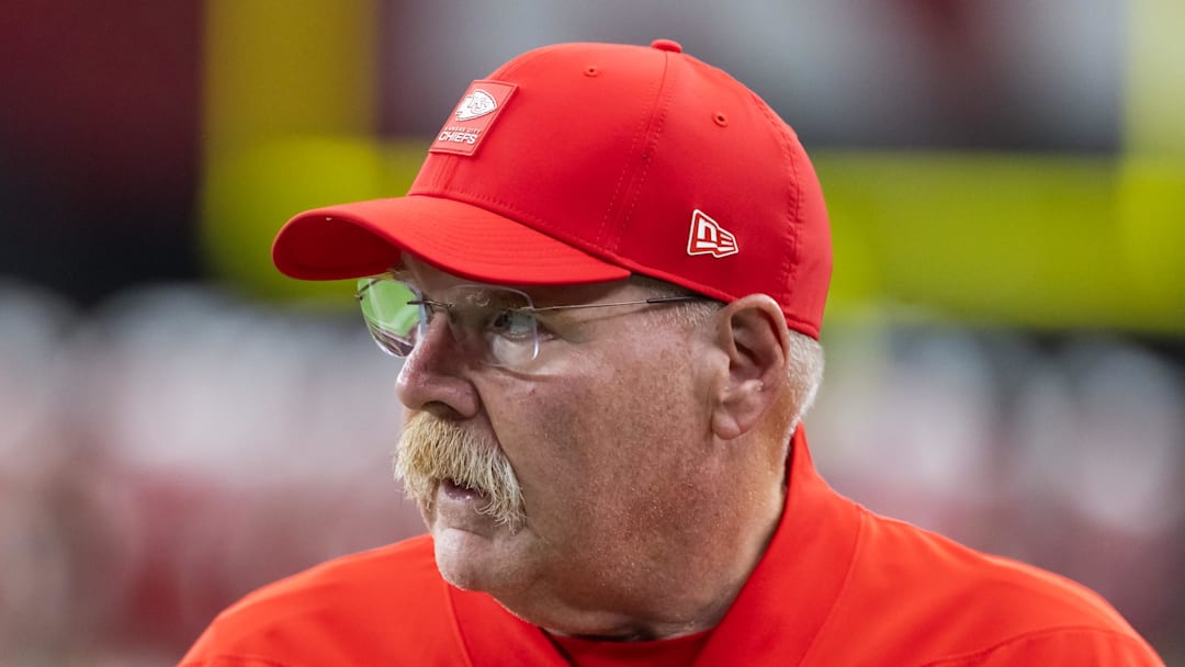 Aug 9, 2025; Glendale, Arizona, USA; Kansas City Chiefs head coach Andy Reid against the Arizona Cardinals during a preseason NFL game at State Farm Stadium. Mandatory Credit: Mark J. Rebilas-Imagn Images
