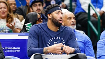 Dec 6, 2025; Dallas, Texas, USA; Dallas Mavericks forward Anthony Davis (3) looks on from the bench during the fourth quarter against the Houston Rockets at American Airlines Center. Mandatory Credit: Andrew Dieb-Imagn Images
