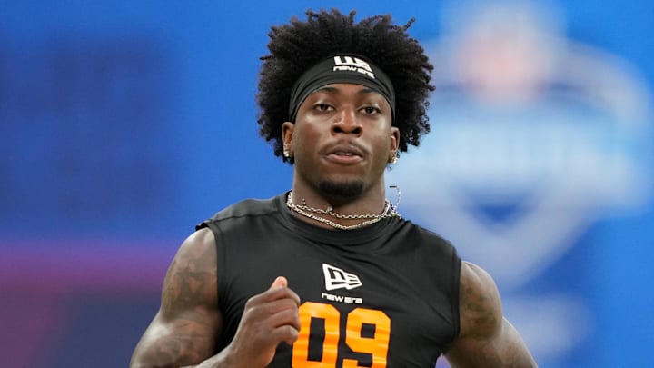 Feb 28, 2026; Indianapolis, IN, USA; Georgia wideout Zachariah Branch (WO09) during the NFL Scouting Combine at Lucas Oil Stadium. Mandatory Credit: Kirby Lee-Imagn Images