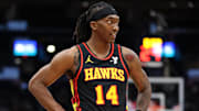 Feb 8, 2025; Washington, District of Columbia, USA; Atlanta Hawks guard Terance Mann (14) looks on during the first half against the Washington Wizards at Capital One Arena. Mandatory Credit: Daniel Kucin Jr.-Imagn Images