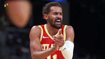 Oct 11, 2025; Memphis, Tennessee, USA; Atlanta Hawks guard Trae Young (11) reacts during the third quarter against the Memphis Grizzlies at FedExForum. Mandatory Credit: Petre Thomas-Imagn Images