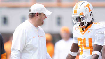 Tennessee head coach Josh Heupel greets players during warms up before the Orange & White spring game, Saturday, April 12, 2025.
