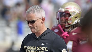 Oct 11, 2025; Tallahassee, Florida, USA; Florida State Seminoles head coach Mike Norvell after losing the game to the Pittsburgh Panthers at Doak S. Campbell Stadium. Mandatory Credit: Melina Myers-Imagn Images