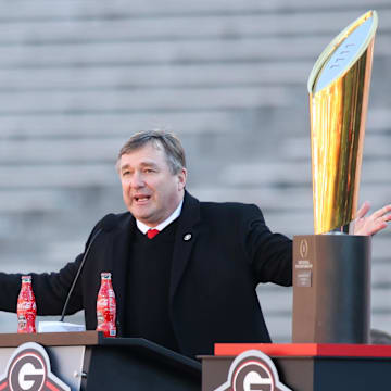 Jan 14, 2023; Athens, GA, USA; Georgia Bulldogs head coach Kirby Smart speaks at the national championship celebration at Sanford Stadium. Mandatory Credit: Brett Davis-Imagn Images