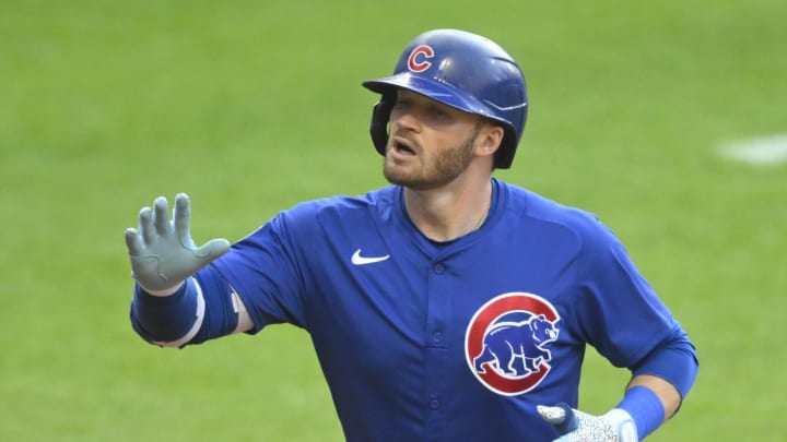 Chicago Cubs left fielder Ian Happ (8) celebrates his two-run home run in the second inning against the Cleveland Guardians at Progressive Field on Aug 14.