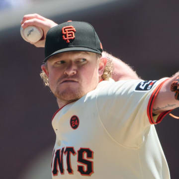 Aug 10, 2024; San Francisco, California, USA; San Francisco Giants starting pitcher Logan Webb (62) throws a pitch against the Detroit Tigers during the first inning at Oracle Park.